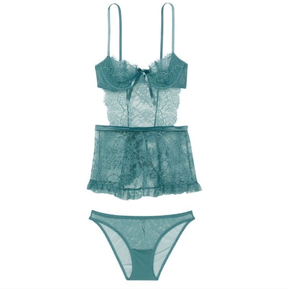 Victoria's Secret Runaway Teal VERY SEXY Wicked La Fleur Open Back Babydoll Set - Picture 3 of 7